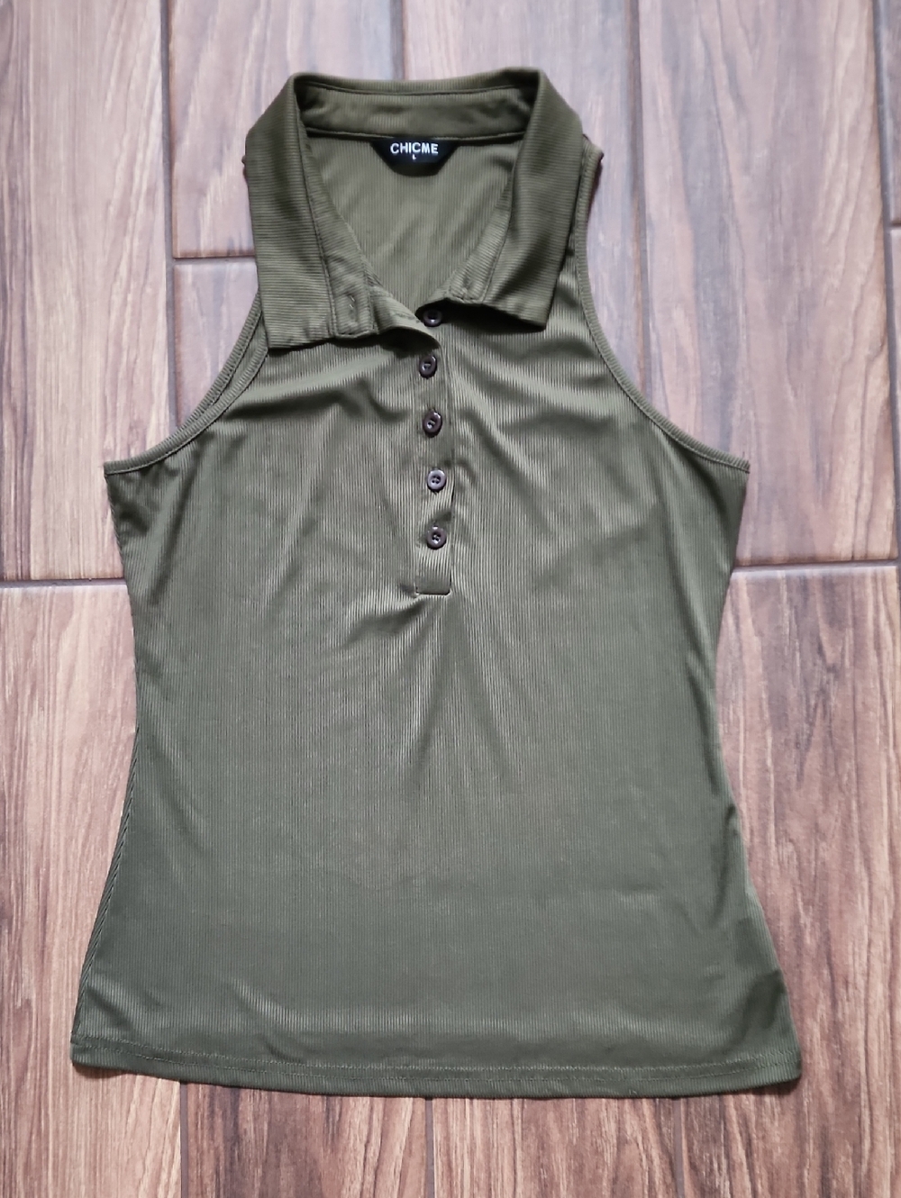 CHICME Olive Ribbed Sleeveless Polo Tank